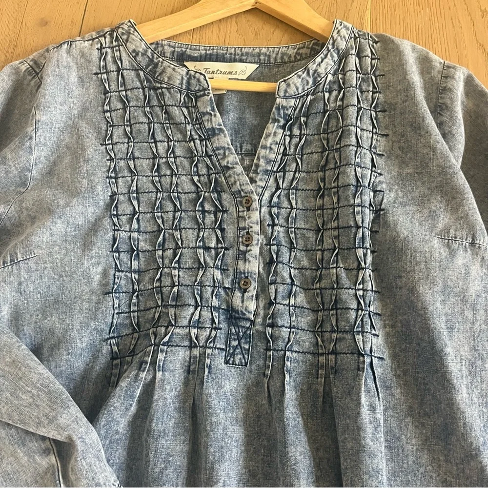 Mineral Wash 100% Cotton Denim Blouse | Pintuck Boho Henley Top XL - Picture 4 of 7